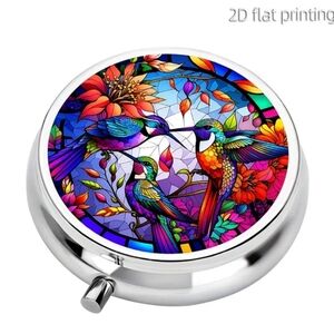 🆕️💊 HUMMINGBIRD PORTABLE METAL PILL BOX ORGANIZER WITH MIRROR💊